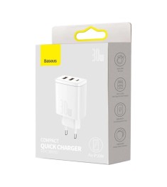 СЗУ-адаптер Baseus Compact 30W QC + PD (2USB / 1Type-C) (Белый) CCXJ-E02